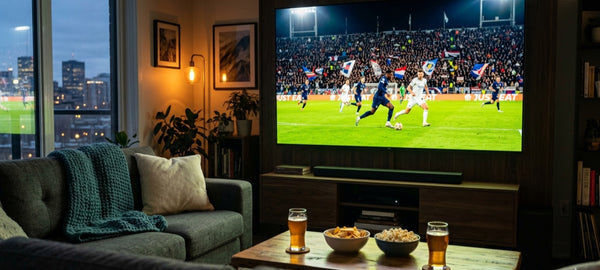 Cozy living room with a large TV showing a night soccer match